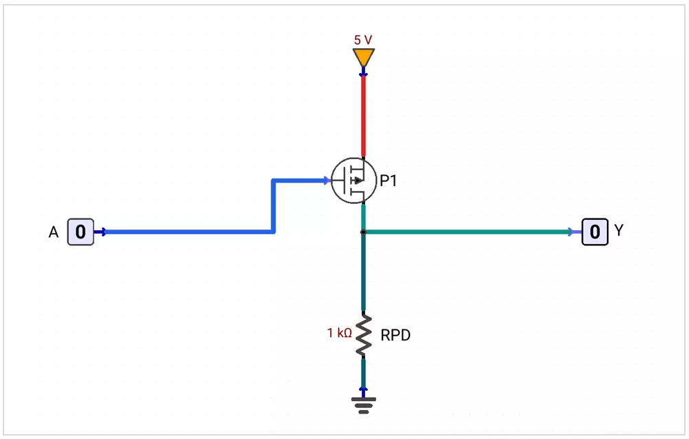 PMOS transistor buffer logic schematic diagram with pull-down resistor.
