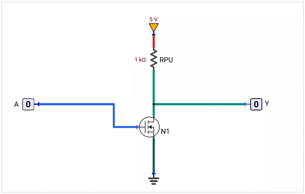NMOS transistor inverter logic gate schematic diagram with pull-up resistor.