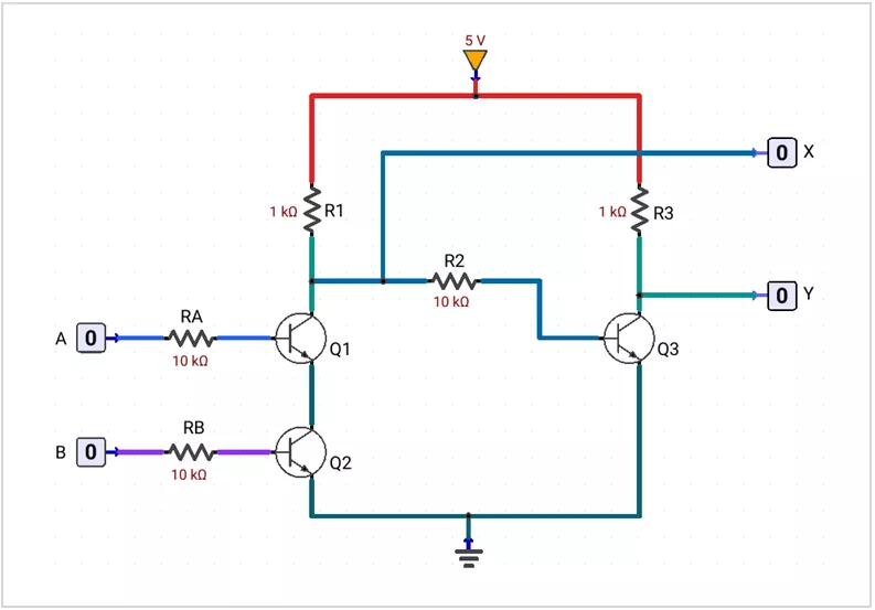 2-input RTL BJT NAND and AND logic gate schematic diagram with dual outputs.