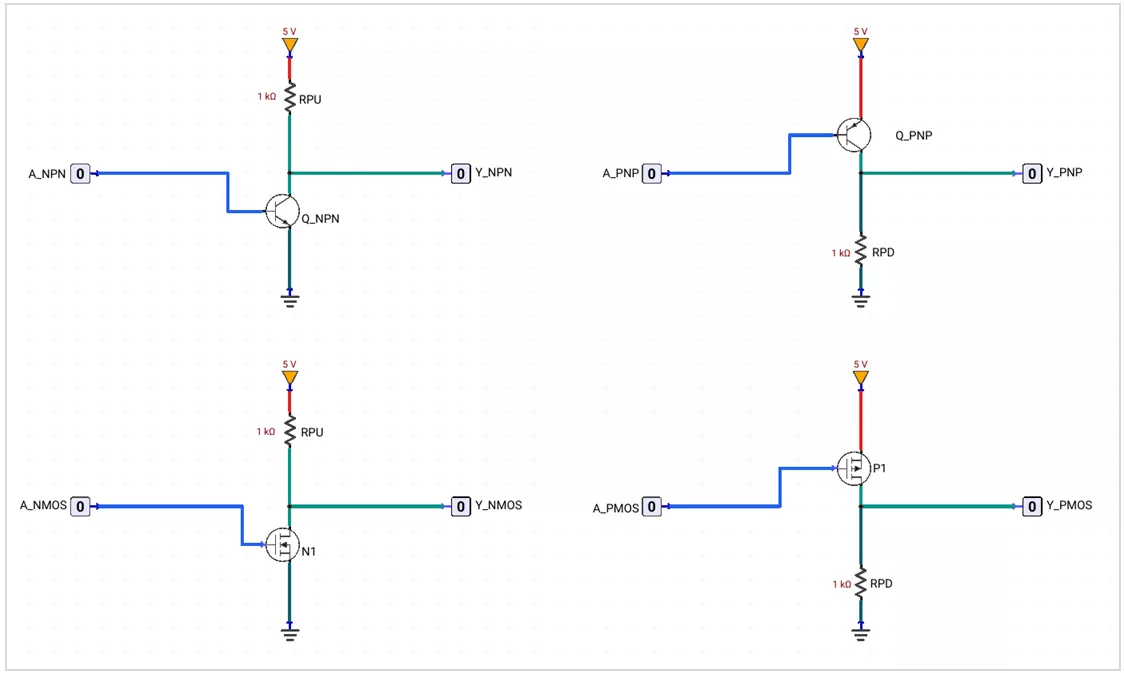 Schematic comparison of NPN, PNP, NMOS, and PMOS transistor inverter and buffer configurations."