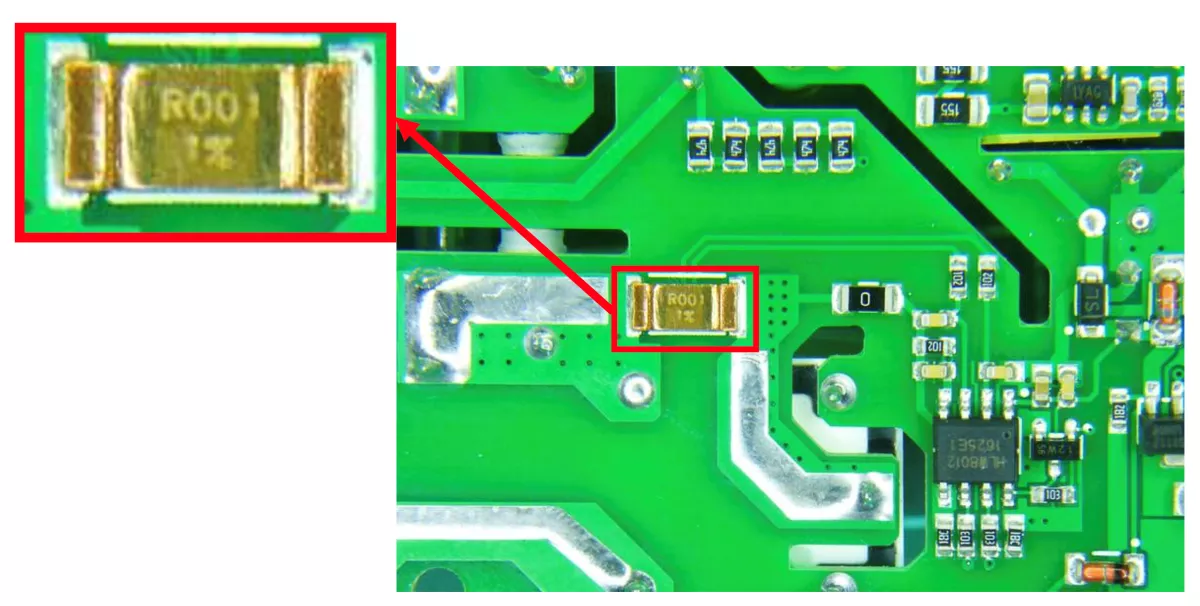 Shunt resistor on pcb highlighted
