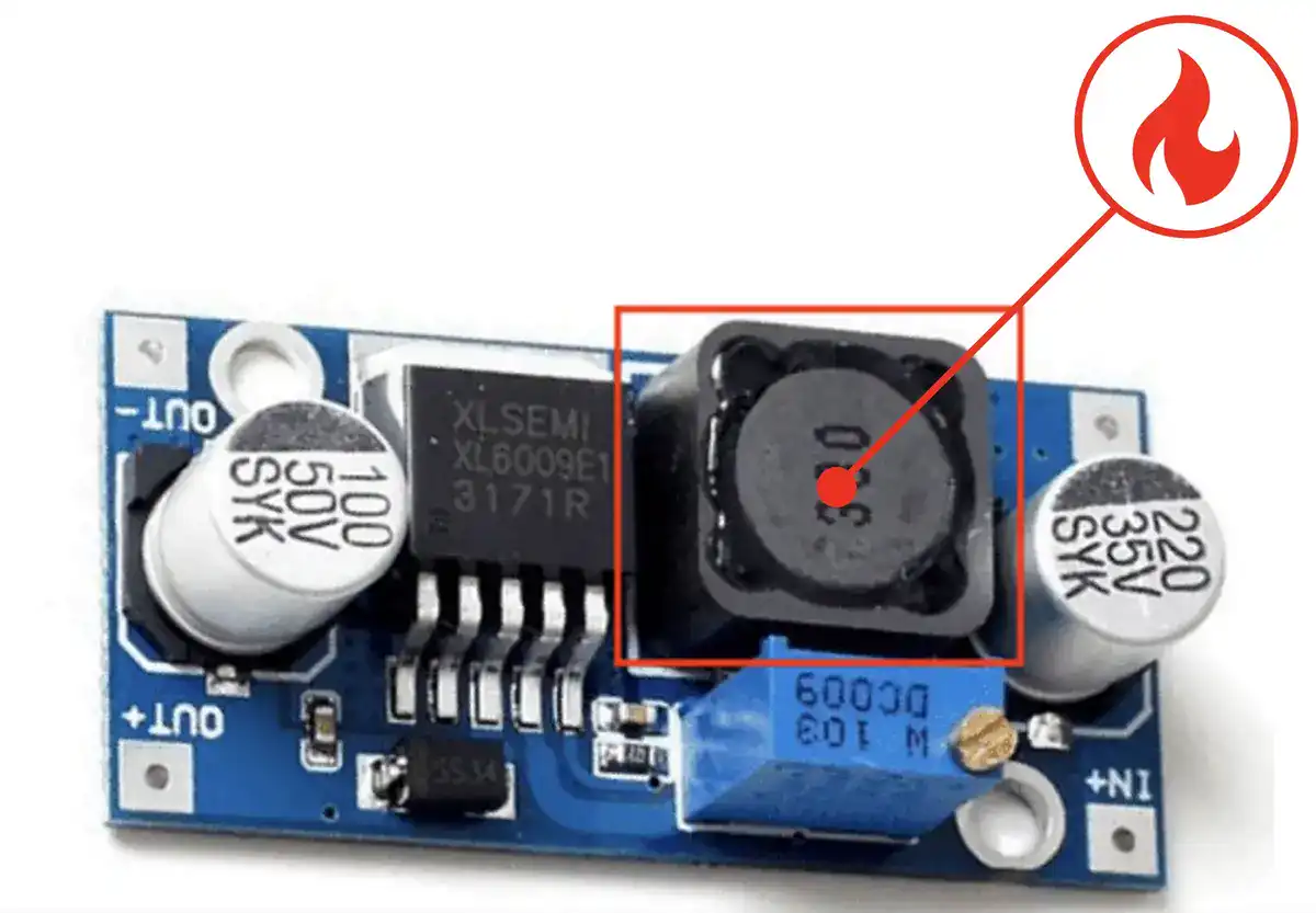 Buck boost converter module Inductor heating highlighted