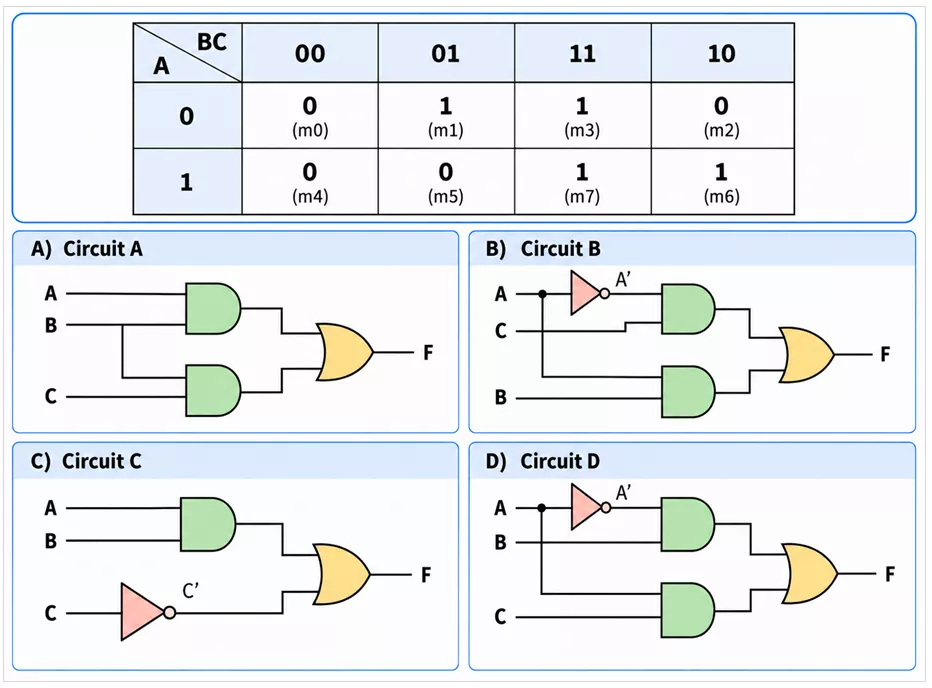 Three-variable K-map with 1s at minterms m1, m3, m6, and m7, followed by four gate-level circuit options for selecting the implementation of the simplified Boolean function.