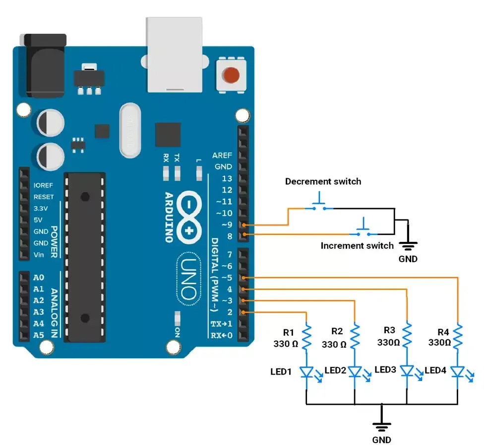 Arduino-4-bit-up-down-counter-circuit